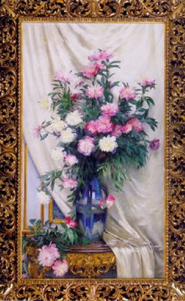 Peonies In A Blue Vase On A Draped Regency Giltwood Console Table by Albert Aublet