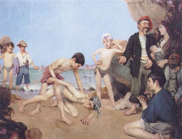 Jeunes Lutteurs Sur La Plage, Au Treport Oil Painting by Albert Aublet