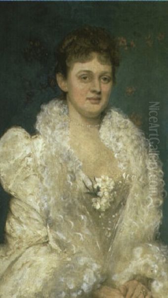 Portrait Of Mrs. Tarn In White Dress And Pearl Choker Oil Painting by Albert Aublet