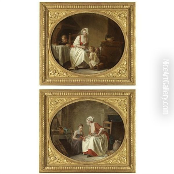 A Kitchen Interior With A Mother Feeding Her Young Child (+ An Interior With A Mother Teaching Her Daughter To Read, 1778; Pair) Oil Painting by Etienne Aubry