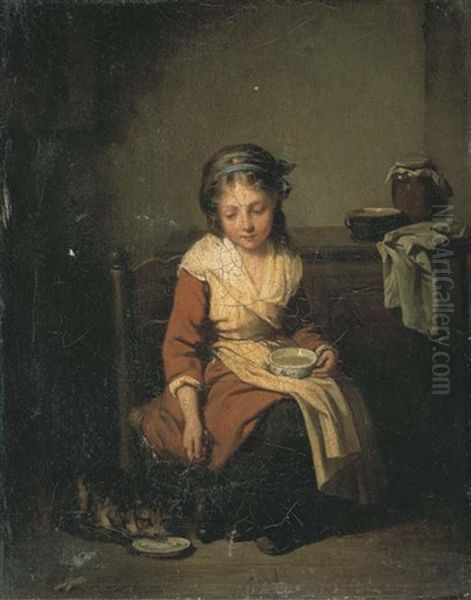 Jeune Fille Et Son Chat Dans Un Interieur Oil Painting by Etienne Aubry