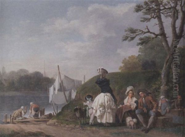 A Mother And Child With A Nurse And Male Companion Resting On A Track, A River Landscape With Washerwomen Beyond Oil Painting by Etienne Aubry