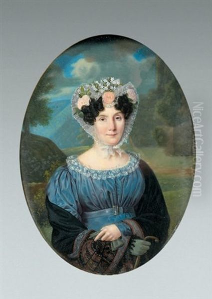 Portrait De Femme A La Robe Bleue, Echarpe Cachemire Et Coiffe De Dentelle Piquee De Roses Et Myosotis Oil Painting by Louis Francois Aubry