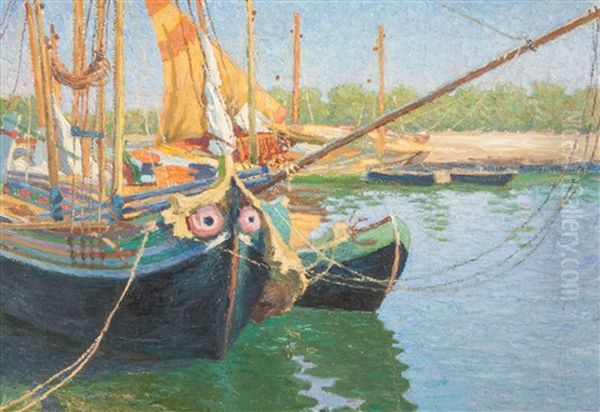 Docked Ships Oil Painting by Josef Maria Auchentaller