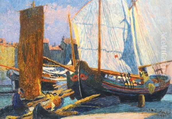 Boats In The Harbour Oil Painting by Josef Maria Auchentaller