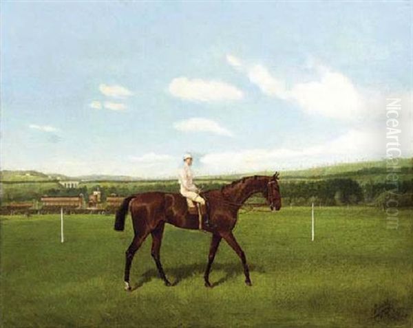 A Bay Racehorse With Jockey Up, A Racecourse Beyond Oil Painting by Jonny Audy