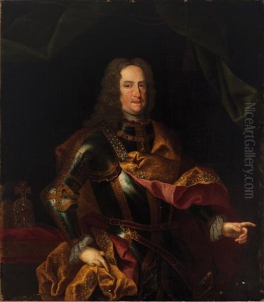 Portrait De L'empereur Charles Vi (1685-1740) En Armure, Avec L'ordre De La Toison D'or Et La Couronne Du Saint Empire Romain Germanique Oil Painting by Johann Gottfried Auerbach