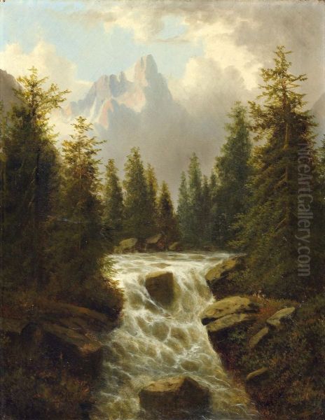 Wasserfall In Der Schweiz Oil Painting by Heinrich Adam