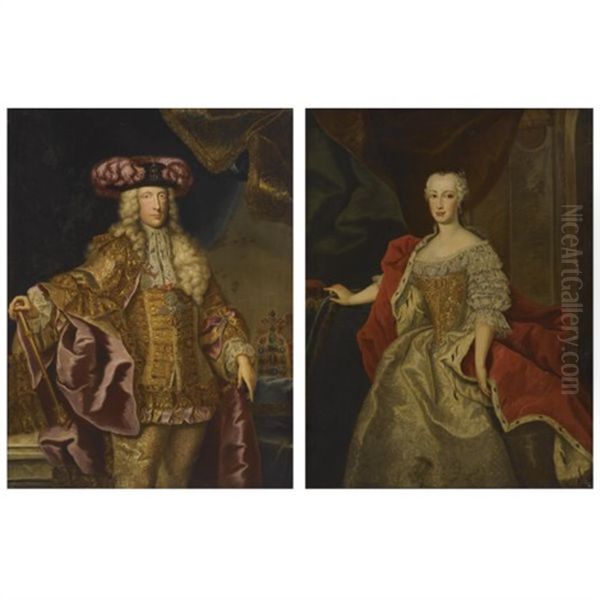 Portrait Of The Emperor Charles Vii (+ Portrait Of Maria Amalie Josefa Anna, Archduchess Of Austria; Smllr; Pair) Oil Painting by Johann Gottfried Auerbach