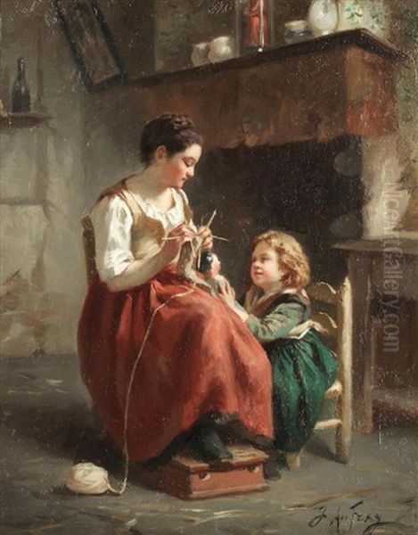 Knitting Lessons, The Young Postman; A Pair Oil Painting by Joseph Athanase Aufray