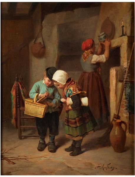 Kinder In Einen Korb Blickend Oil Painting by Joseph Athanase Aufray