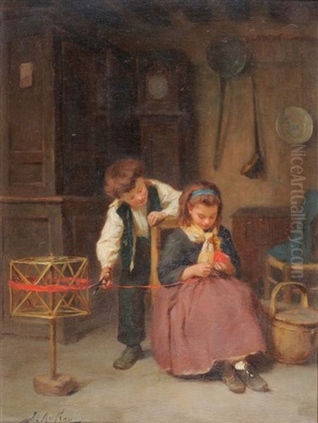 Interior Scene With A Girl Seated Winding Wool, A Boy Nearby Holding A Pair Of Scissors Oil Painting by Joseph Athanase Aufray