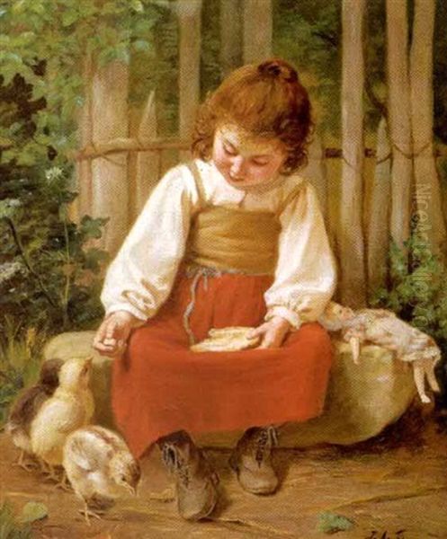 Petite Fille Donnant A Manger A Des Poussins Oil Painting by Joseph Athanase Aufray