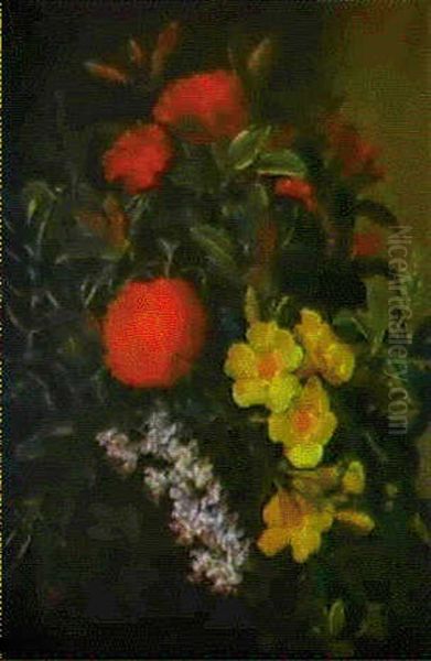 Blomsterstilleben Med Rod Ixora, Gul Allamanda Og Orkidegren Oil Painting by  Augusta Princess of Hesse-Cassel