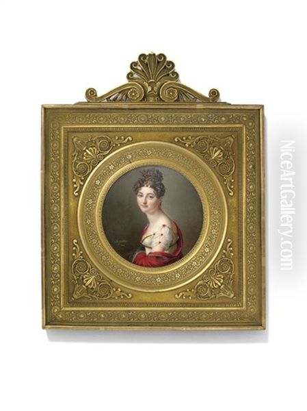 Therese Jeanne Marie Hortense De Tardieu, Marquise De Maleyssie, Nee De Luc (d. 1826), In White Dress And Red Shawl Oil Painting by Jean Baptiste Jacques Augustin