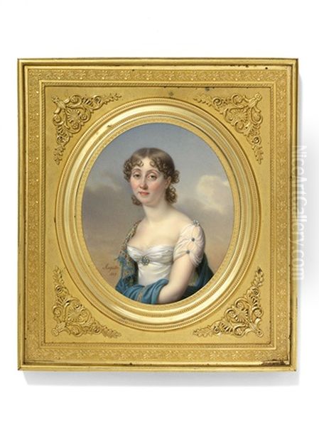 A Lady In White Dress With Blue Shawl Oil Painting by Jean Baptiste Jacques Augustin