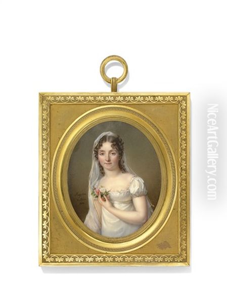 Suzanne Fleuriot (1775-1822), Nee Du Garzpern, Comtesse De Langle, In White Dress, Holding A Bouquet Of Roses In Her Left Hand Oil Painting by Jean Baptiste Jacques Augustin