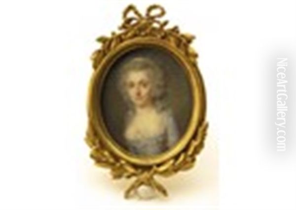 Portrait Miniature Of A Lady, Half Length, Wearing A Blue Dress, A White Ribbon In Her Hair Oil Painting by Jean Baptiste Jacques Augustin