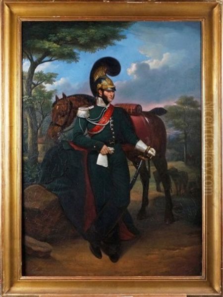 Portrait D'un Officier De La Garde Avec Son Cheval Oil Painting by Jean Baptiste Jacques Augustin