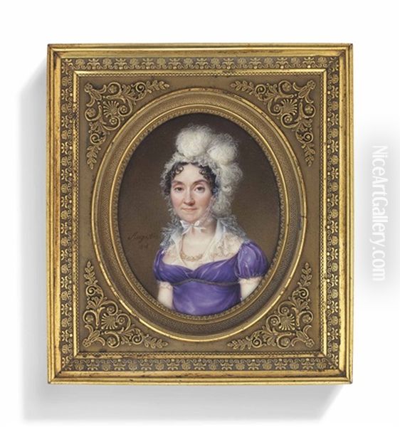 A Lady, In Mauve Dress With Gauze Collar And Trim, Wearing A Lace Bonnet Trimmed With Ostrich Plumes, Pearl Necklace Oil Painting by Jean Baptiste Jacques Augustin