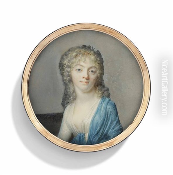 Maria Elisabeth Baelde (1775-1843), Seated, In White Dress With Blue Shawl Draped Over Her Left Shoulder, Gold Chains Entwined In Her Curling Fair Hair Oil Painting by Jean Baptiste Jacques Augustin