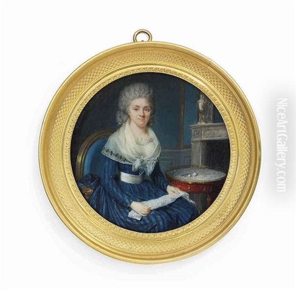 A Lady Making Lace, Seated On Blue Upholstered Chair, In Blue And Black Striped Dress With White Sash, Cream Gauze Fichu With Embroidered Edges, Powdered Curling Hair, Her Lace In Her Lap Oil Painting by Jean Baptiste Jacques Augustin