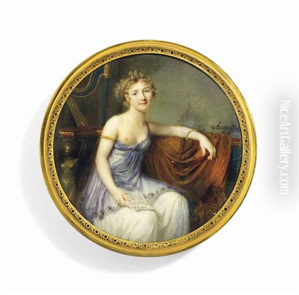 A Young Lady, Seated, In Decollete White Silk And Lilac Muslin Dress, Revealing Right Breast, Wearing Gold Armlet And Bracelet, Holding A Letter In Her Right Hand Inscribed Italie En Oil Painting by Jean Baptiste Jacques Augustin