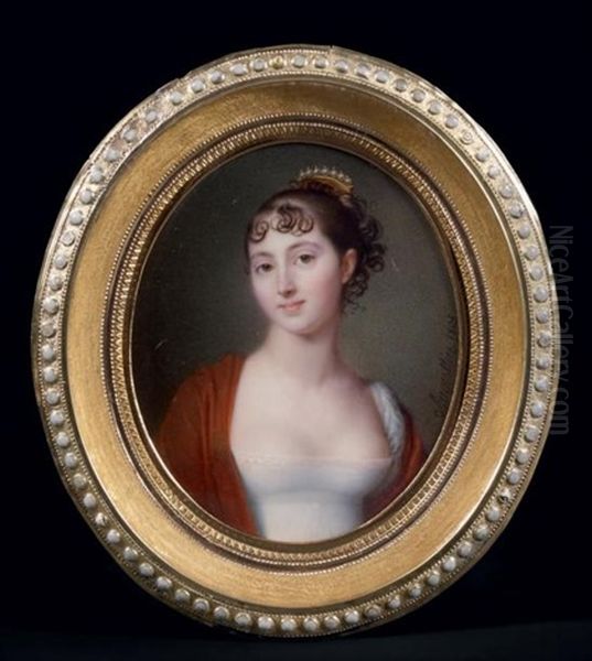 Portrait De Jeune Femme En Robe De Soie Blanche, Les Epaules Couvertes D'un Chale Rouge Oil Painting by Jean Baptiste Jacques Augustin