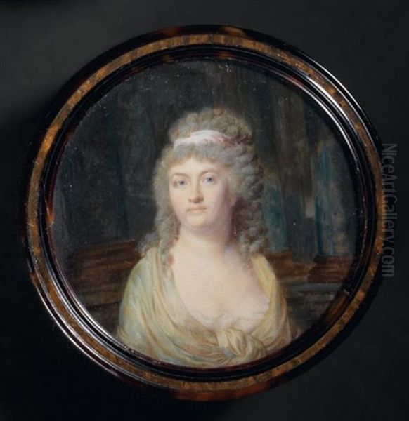 Portrait D'une Femme En Robe Largement Decolletee, Un Fichu Creme Sur Les Epaules, Les Cheveux Attaches Par Un Ruban Rose, Fondond De Colonnades by Jean Baptiste Jacques Augustin