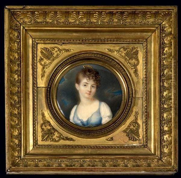 Portrait De Jeune Fille En Robe De Soie Bleue Et Voile De Dentelle. Fond De Ciel Nuageux Oil Painting by Jean Baptiste Jacques Augustin