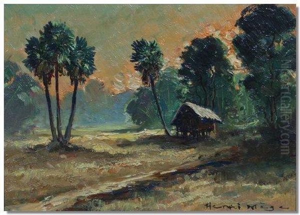 Mege, Woodland With A Hut Oil Painting by Henri Albert Adam