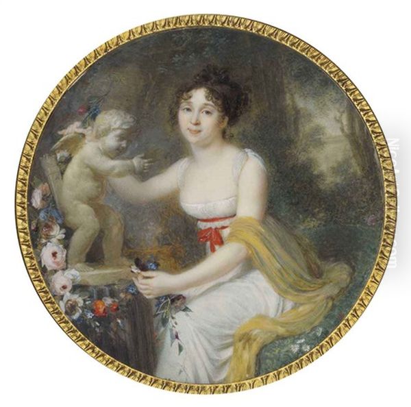 A Young Lady (suzanne Denis De Cuzieu?), In Decollete White Dress With Red Sash Tied Around Waist And Ochre Scarf (collab. W/studio) Oil Painting by Jean Baptiste Jacques Augustin