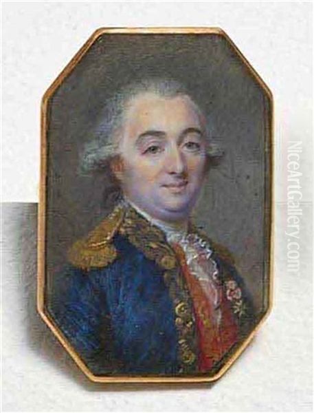 A French Officer, In Gold-bordered Blue Coat, Gold Epaulette, Gold-bordered Red Waistcoat, Frilled Cravat, Wearing The French Royal Order Of St. Louis, Powdered Wig Worn En Queue Oil Painting by Jean Baptiste Jacques Augustin