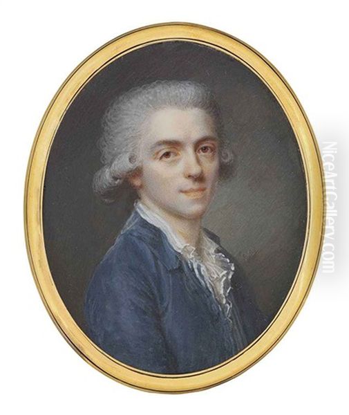 A Young Gentleman, In Blue Coat, White Frilled Collar, Powdered Hair Worn En Queue Oil Painting by Jean Baptiste Jacques Augustin