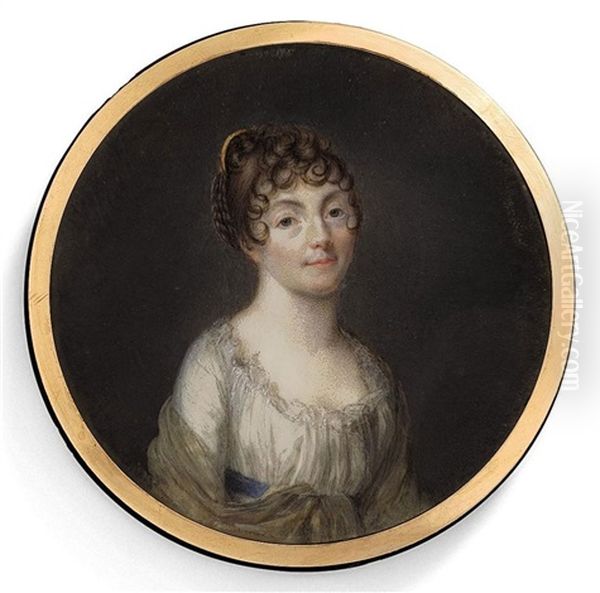 A Young Lady, In Decollete White Muslin Dress With Blue Sash, Ochre Shawl Draped Over Her Arms, Her Dark Upswept Hair Dressed In Curls And Set With A Comb Oil Painting by Jean Baptiste Jacques Augustin