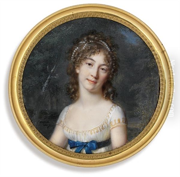 A Young Lady, In Gold-embroidered White Dress With Short Sleeves, A Blue Sash Tied In A Bow At Her Waist... Oil Painting by Jean Baptiste Jacques Augustin