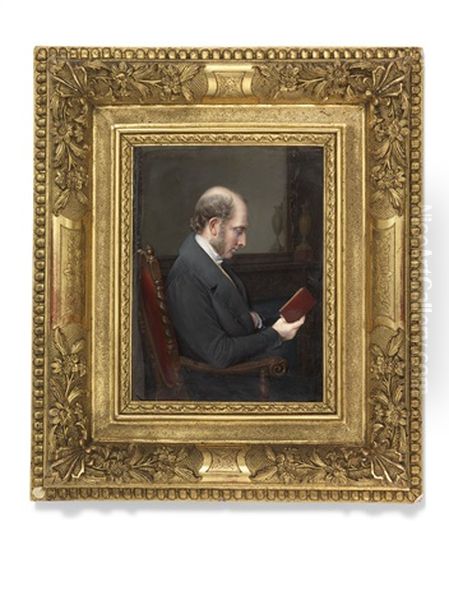 A Gentleman Called Monsieur Du Cruet, Seated Next To A Fireplace Reading A Book Oil Painting by Pauline Augustin