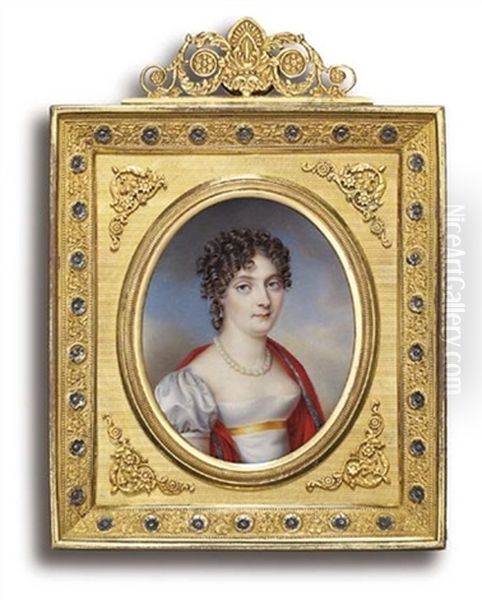 The Artist's Sister, Madame De Bouhebent, In White Silk Dress With Short Sleeves And Gold Sash Oil Painting by Pauline Augustin