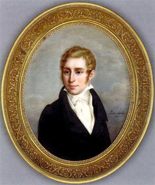 A Young Gentleman Called Victor Jean-baptiste Simon Jacquinot Of Pamplona, Deputy Public Prosecutor Of Melun, In Black Coat, White Waistcoat And Knotted Cravat, Curling Blonde Hair And Side-whiskers Oil Painting by Pauline Augustin