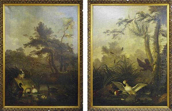 Two Works: 1) Waterbirds In A Wooded Landscape Oil Painting by Jan Augustini