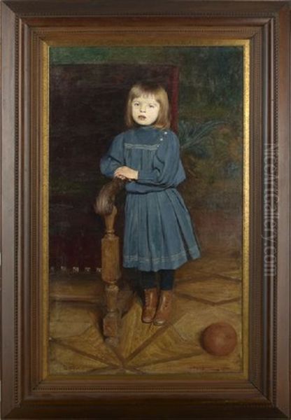 Portrait Of A Young Girl In A Blue Dress Leaning Against A Chair Oil Painting by Aleksander Augustynowicz