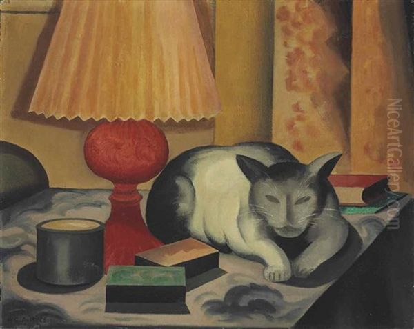 Cat And Lamp Oil Painting by George Copeland Ault