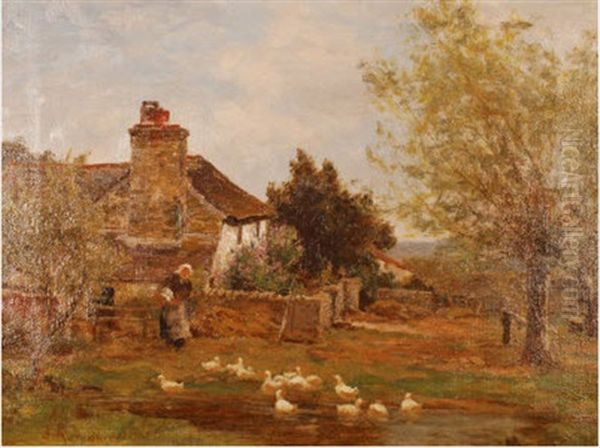 Near Abbey Dore, Herefordshire, Feeding The Ducks Oil Painting by James Aumonier