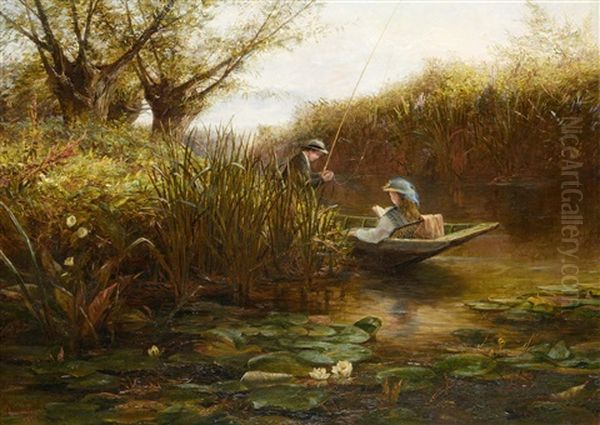 Where The Water Lilies Grow Oil Painting by James Aumonier