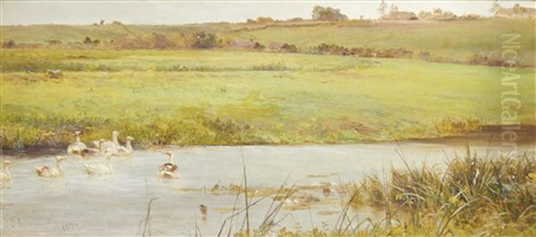 A Tranquil Country Landscape, Near Overton Oil Painting by James Aumonier