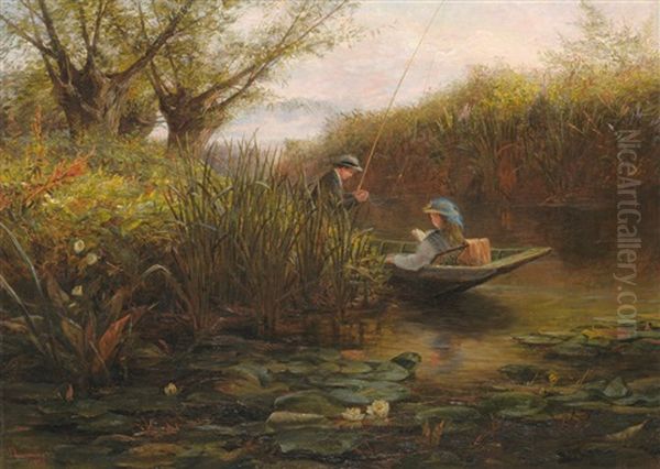 River Landscape With Couple In A Punt Oil Painting by James Aumonier