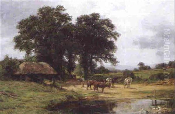 Horses Approaching A Duck Pond Oil Painting by James Aumonier