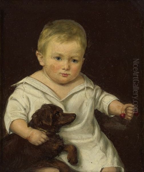 Knabe Im Weisen Hemdkleid Mit Hund, In Der Rechten Hand Kirschen Oil Painting by Louis Auguste Francois Aumont