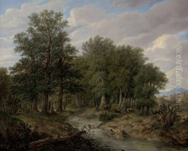 Rastender Hirte Mit Seinen Tieren In Waldlandschaft Oil Painting by Franz Aupichl