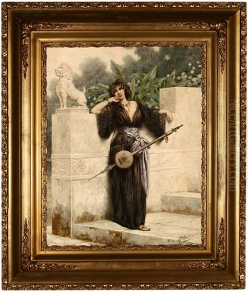 Orientalist Woman With A Stringed Instrument Standing Near A Garden Wall Oil Painting by Giuseppe Aureli